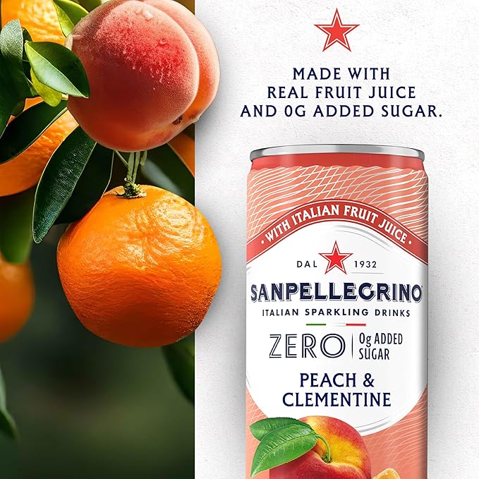 Sanpellegrino Zero Grams Added Sugar Italian Sparkling Drinks, Sparkling Peach Clementine Beverage, 11.15 Fl Oz (Pack of 24)