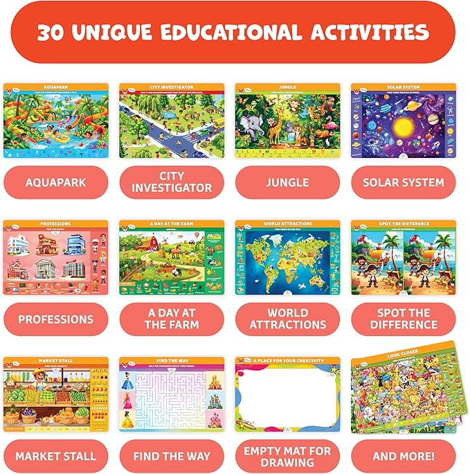 Search & Find Reusable Activity Mats for Preschool Learning – 30 Educational Find It Games for Kids Ages 3-8 – Interactive Dry Erase Mats – Seek & Find Toys for Toddler & Kindergarten