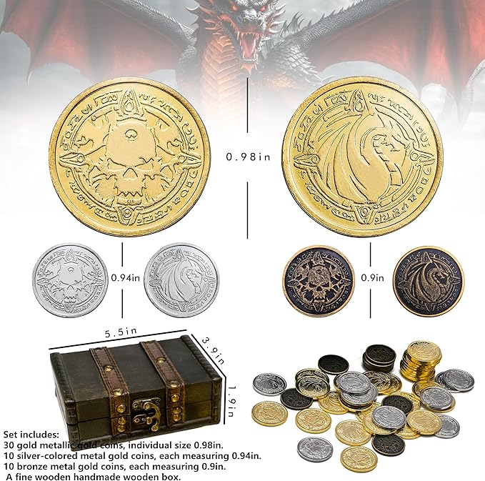 Metal Pirate Coins, 50 Pieces Lots of Toys Gold Coins for Board,for DND Props Accessories, Treasures and Treasure chests Fantasy Dragon Coinsfor RPG Tablelap