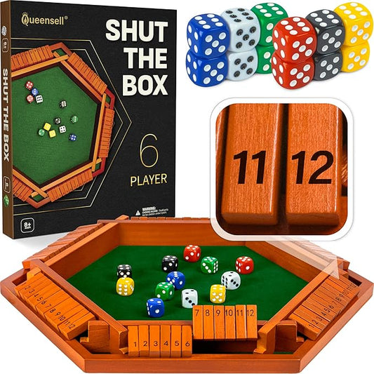 Queensell Shut The Box Game 12 Numbers for 1-6 Players - 16-inch Wooden Board Shut The Box Game 12 Numbers for Adults & Kids - Ideal for Games Night