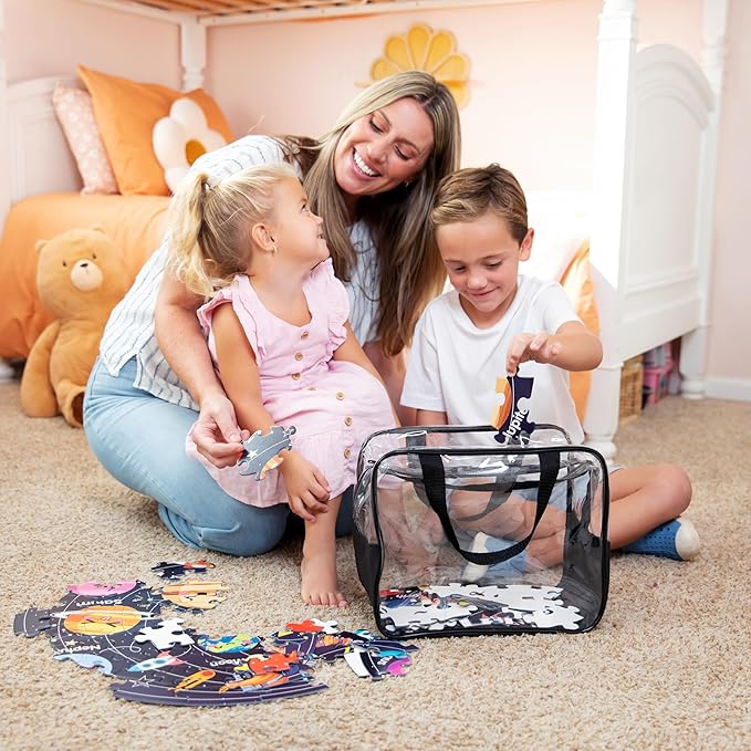 4 Pack Extra Large Toy Storage Clear Bags with Zipper 12"x10"x7" Clear Plastic Bins with Handle, Toy Organizer for Kids playroom, Blocks, Clothes, Stuffed Animal Storage