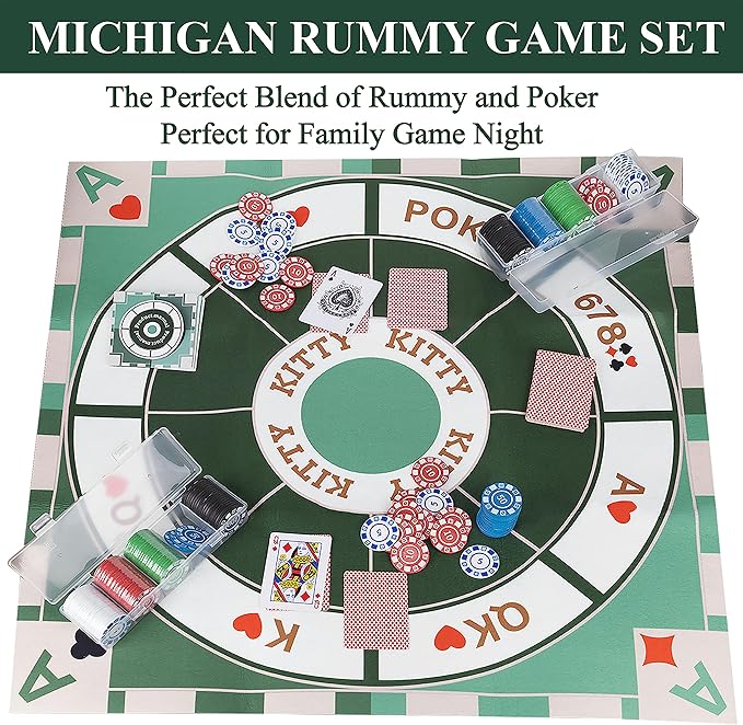 Michigan Rummy Play Mat,27.6" x 27.6", 2-9 Players, Tripoley Game Foldable Felt Mat,Classic Family Casino Games of Bets and Bluffs,The Perfect Blend of Rummy and Poker（Only Game Mats）