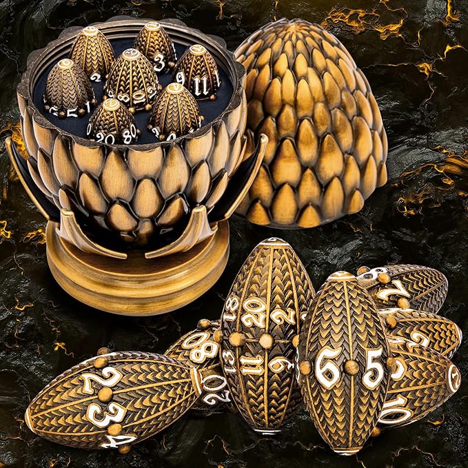 ARUOHHA DND Metal Dice Antique Gold Dragon Egg Dice with Rotating Dragon Egg Shell, Role Playing Game RPG Polyhedral D and D Dice Set D20 D12 D10 D8 D6 D4