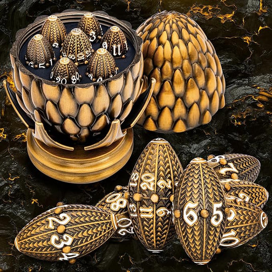 ARUOHHA DND Metal Dice Antique Gold Dragon Egg Dice with Rotating Dragon Egg Shell, Role Playing Game RPG Polyhedral D and D Dice Set D20 D12 D10 D8 D6 D4