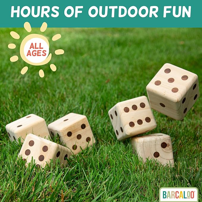 Barcaloo Yardzee Outdoor Family Games, Six 3.5" Giant Wooden Dice Games for Families (Unstained)