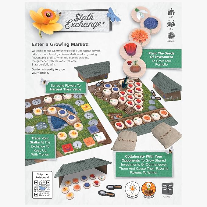 Stalk Exchange Board Game, Beautiful Flower and Gardening Themed Strategy Game, Fast, Fun, Economic, and Competitive, Ages 10+, 2-5 Players, 45+ Min Play Time, Game Design by Christopher Chan