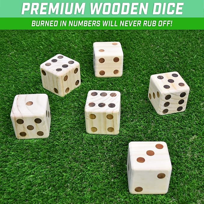 GoSports Giant Wooden Playing Dice Set with Rollzee and Farkle Scoreboard - Includes 6 Dice, Dry-Erase Scoreboard and Canvas Tote Bag - Choose 2.5 Inch or 3.5 Inch Dice)