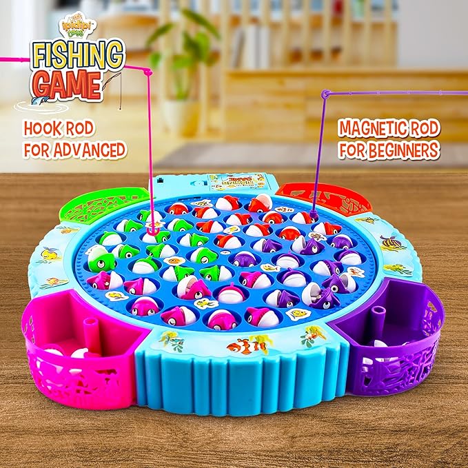 IPIDIPI TOYS Fishing Game for Kids - Magnetic Fishing Set for Toddlers - Rotating Fish Board with Music, Educational, Fine Motor Skill Activity for Boys and Girls - 45 Fish, 8 Poles
