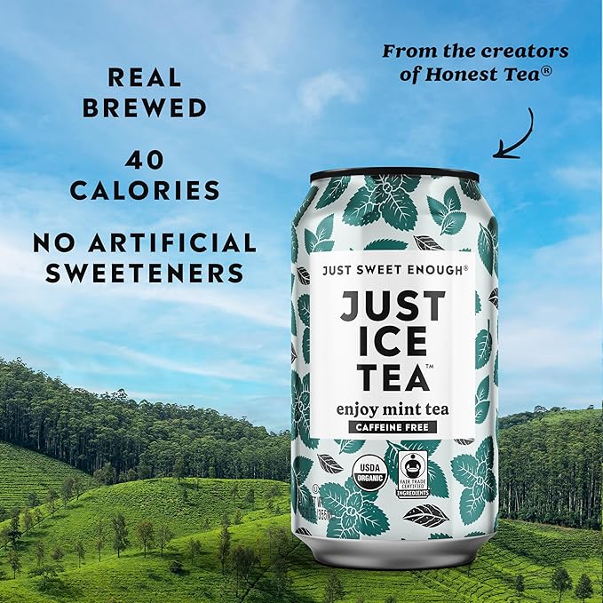 Just Ice Tea, Enjoy Mint Iced Tea, 12-Pack (12oz Cans), Caffeine Free Herbal Tea, USDA Certified Organic, Real Brewed, Low Calorie, No Artificial Sweeteners, Fair Trade, Made in USA.