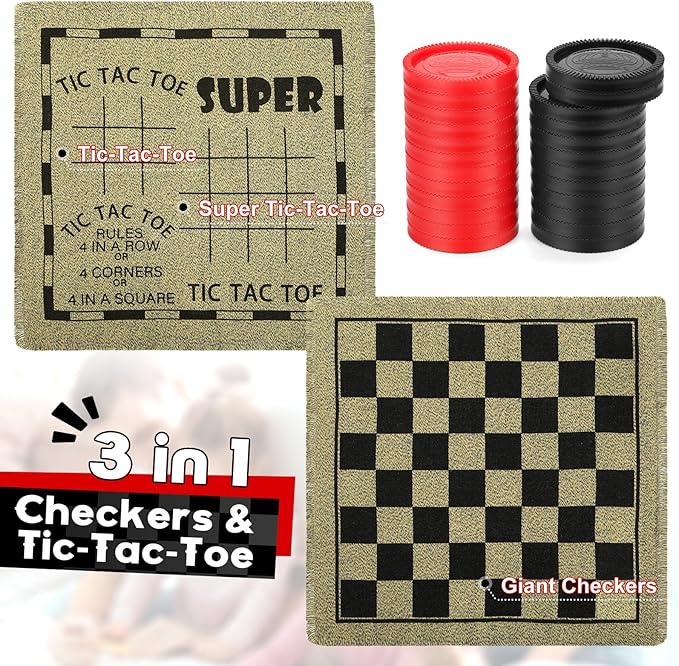 Giant Checkers Game Set - 3-in-1 Reversible Carpet for Kids & Adults - Oversized Indoor/Outdoor Mat for Family Fun & Parties