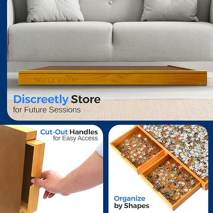 SereneLife 1500-Piece Portable Jigsaw Puzzle Board, Puzzle Table with 4 Storage Drawers, Detachable Puzzle Keeper & Smooth Non-Slip Surface, Wooden Puzzle Caddy for Family Games