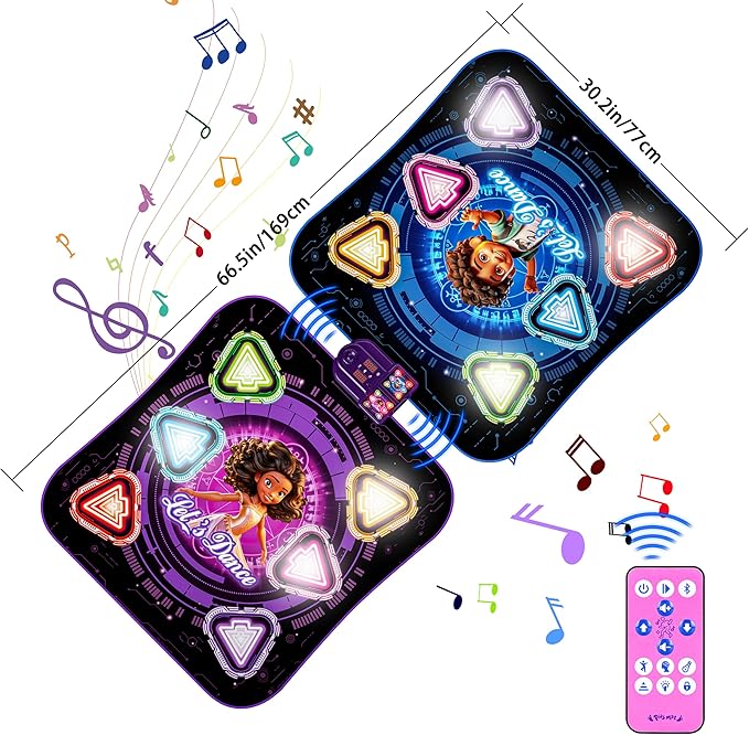 Dance Mat, 2025 Light Up 2-Player Opposing Dance Pad with Single & Double Player Modes, 12-Button Dancing Toys Music Games with Wireless Bluetooth, Birthday for 3-12 Year Old Boys Girls