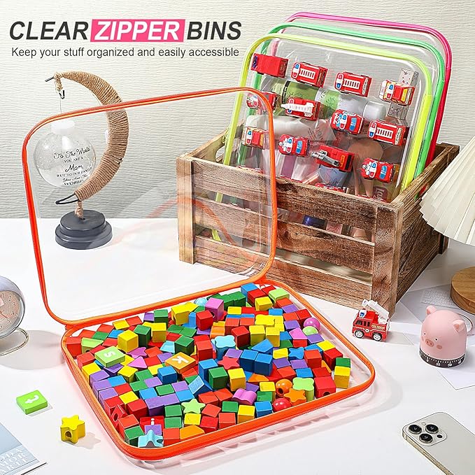 Hoolerry 4 Pcs Hard Clear Zipper Case Transparent Cases for Snacks Makeup Bag Plastic Storage Box Containers for Building Blocks, Puzzles, Cosmetics(Fluorescent,13.8 x 11.8 x 2 in)