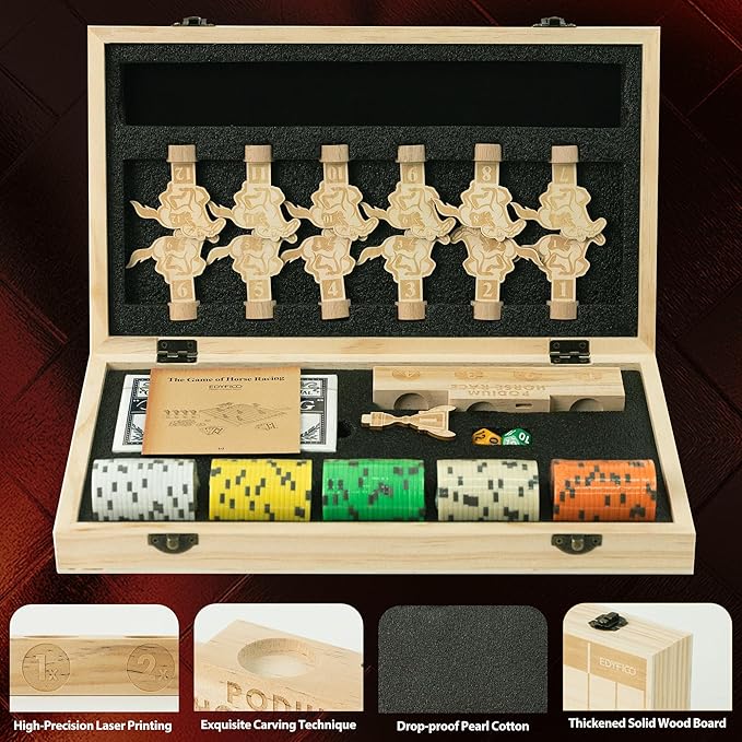 Magnetic Horse Race Board Game, Party Games with Magnet Wood Board, 12 Horses, 2 Pokers, 100 Chips, Fair Horse Racing Game, Smooth Gameplay, Game Nights, Luxurious Gift, Edyfico GSM301