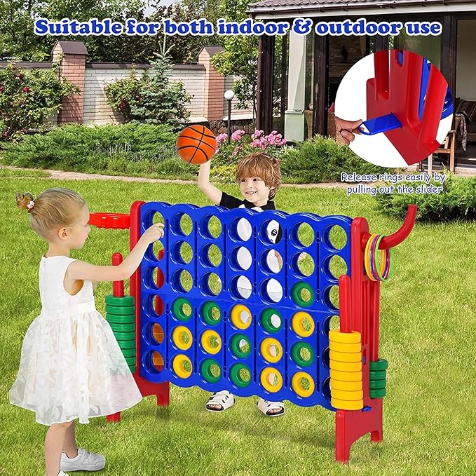 Giant 4 in a Row Connect Game, Jumbo 4 to Score Game Set w/ 42 Chess Rings, Basketball & Hoop, Toss Rings & Quick-Release Lever, Indoor & Outdoor Family Party Game for Kids & Adults, Red