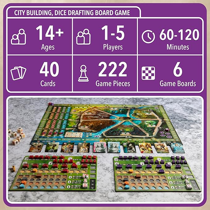 Castellans Board Game - Valeria Universe of Games - Strategy Board Game with Dice Drafting, Resource Management, and Area Control. Game Night for 1-5 Players, Solo Game Mode