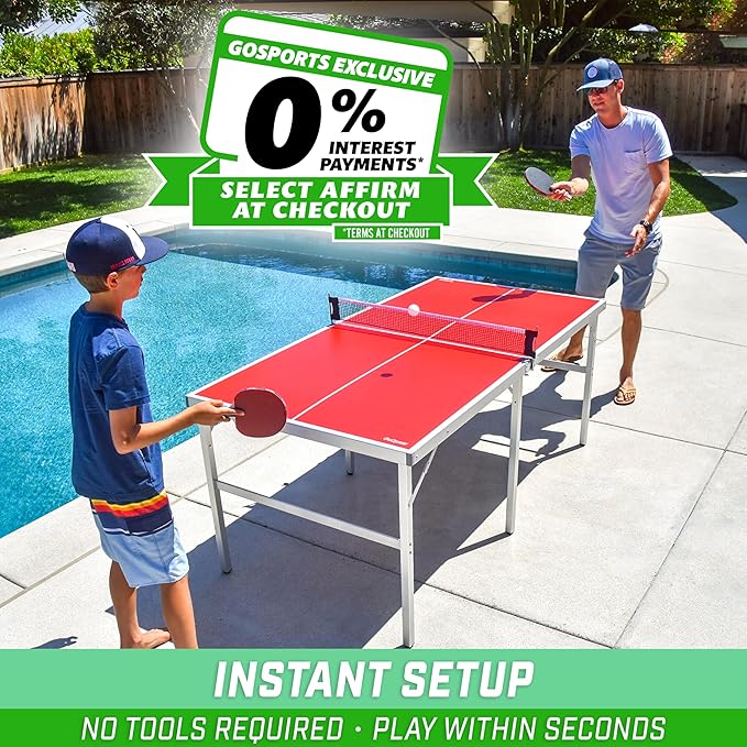 GoSports Mid-Size Table Tennis Game Set - Red or Blue - Indoor/Outdoor Portable Table Tennis Game with Net, 2 Table Tennis Paddles and 4 Balls