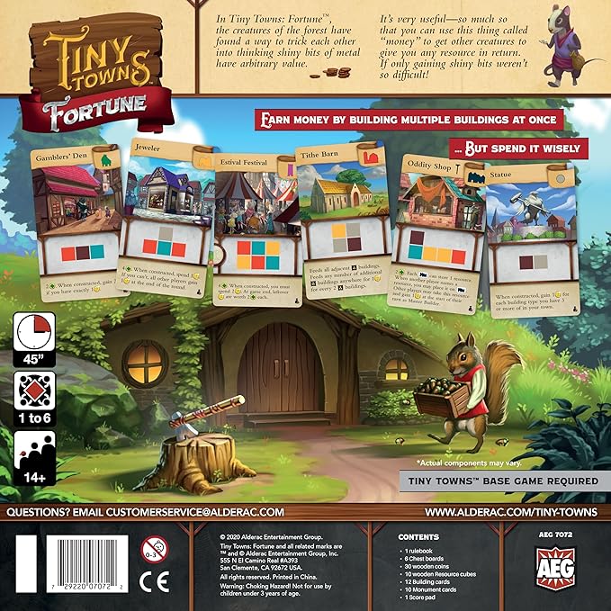 AEG Tiny Towns: Fortune Expansion | Adds New Buildings, Introduces Money | Clever use of Limited Resources Determines Success | 1-6 Players | Ages 14+