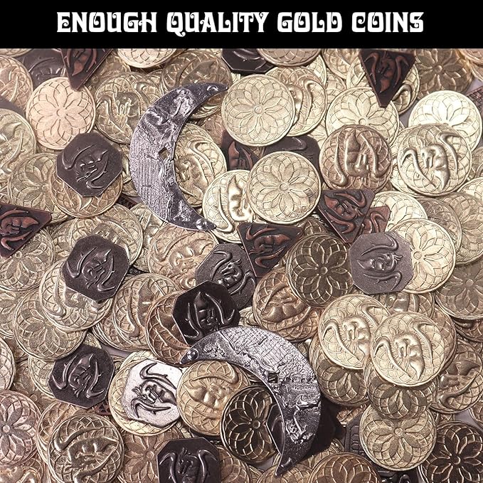 Byhoo 145 PCS Metal DND Coins & Leather Bag, Contains 60 Gold Coins, 40 Sliver Coins, 40 Copper Coins and 5 Platinum Coins, Tokens with Glow in The Night Eyes Bag for RPG Tablelap Games
