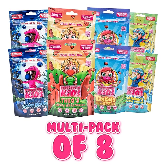 Bubblegum Kids Sugar Free Gum - For Kids and Adults - Vegan Friendly - Retro, Parent Approved Bubble Gum with Burst of Sweet Flavor - Variety Pack (8 Pack of Fruit Flavors)