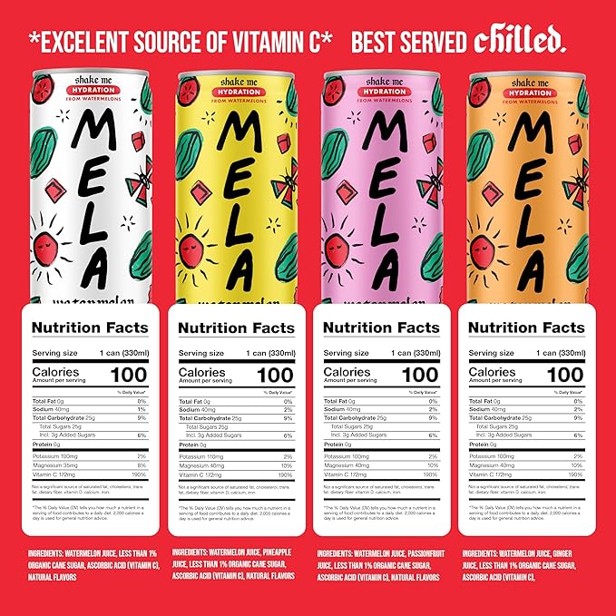 Mela Watermelon Water - Hydrating Juice Drink w/Vitamin C, Electrolytes & Antioxidants - Non-GMO, Gluten-Free, Real Fruit Juice (Variety, 11.15 fl oz, 12-Pack)