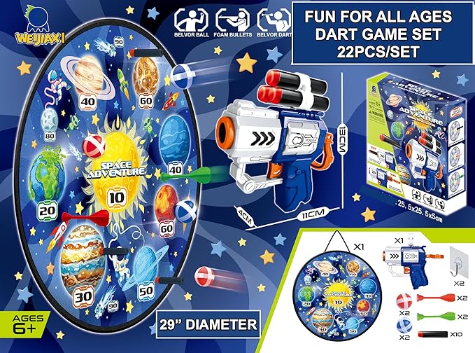 Kids Dart Game Set Large Wall Hanging Target Shooting Game with 22pcs/Set with Foam Bullets, Plastic Darts, Belvor Balls and 1 Compact Gun - Great for Boys and Girls Diameter 29" (Blue)