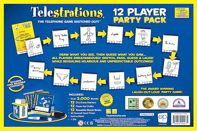 USAopoly Telestrations Party Pack 12 Player | 600 New Phrases to Sketch | Board Game | A Fun Family Game for Kids and Adults | Family Game Night Just Got Better | Telephone Game Sketched Out, Multi-colored