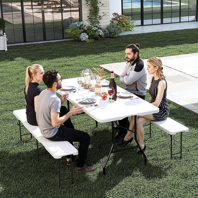 Real Relax 6' Picnic Table with 2 Benches, 3 Piece White Portable HDPE Folding Camping Table and Benches for Courtyard, Garden, Outdoor Leisure, Party