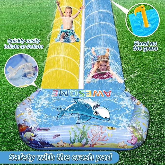 VEEST 33 FT Extra Long Water Slides for Kids Adults, Giant Double Lawn Water Slip Heavy Duty with 2 Bodyboards, Summer Water Slides with Crash Pad for Backyard Outdoor