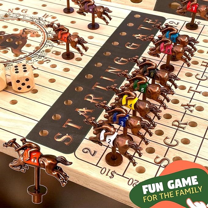New Metal Horses Race Board Game With 11 Horses, 2 Dice and 2 Card Boxes - Thick Luxurious Wood Chessboard - Adult Party and Family Game Night