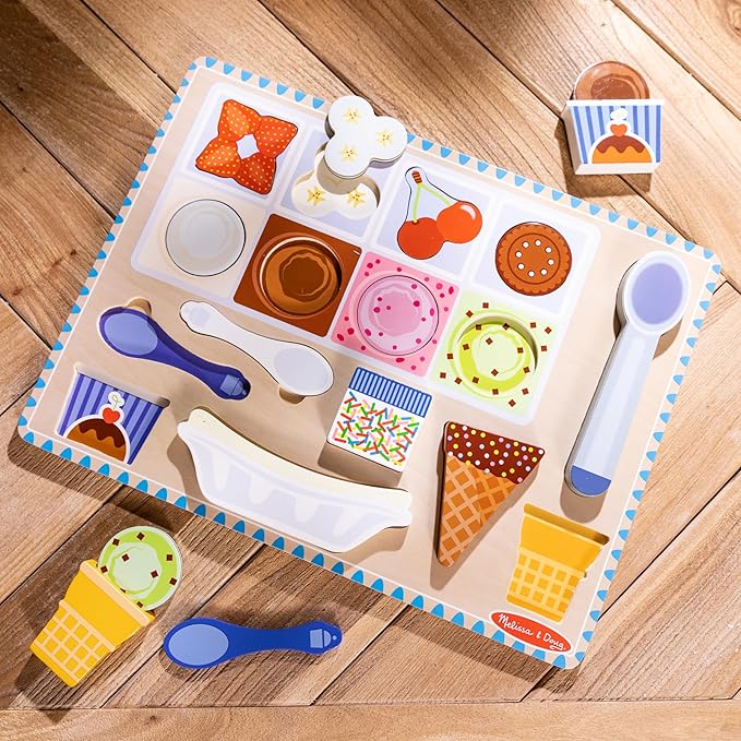 Melissa & Doug Ice Cream Wooden Magnetic Puzzle Play Set, 16 Magnet Pieces with Scooper, Wooden Play Food Toy for Boys and for Girls Ages 2+