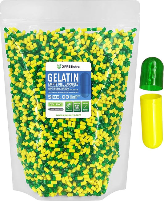 XPRS Nutra Size 00 Empty Capsules - 5000 Count Empty Gelatin Capsules - Pills DIY Capsule Filling - Fillable Pill Gel Caps for Do It Yourself Supplements (Green/Yellow)