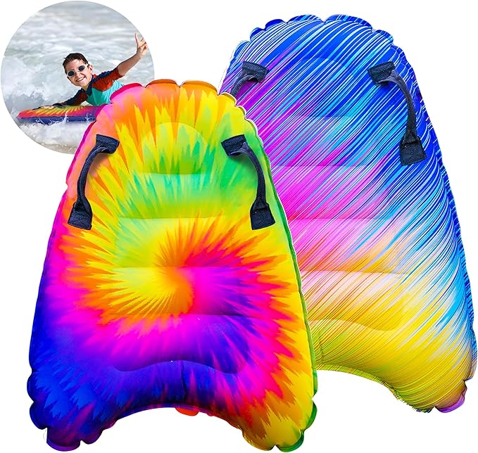 JAMBO Inflatable Surf Body Board with Handles, Boogie Board for Beach, Surfing Swimming Floating Surfboard Boards, Pool Floats Pool Beach Toy for Kids (Tie Dye and Color Spiked Double Pack) - 2 Pack