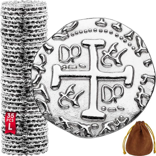 Large Silver Metal Pirate Coins - 35 Silver Treasure Coin Set, Metal Replica Spanish Doubloons for Board Games, Tokens, Toys, Cosplay - Realistic Money Imitation, Pirate Treasure Chest - Size: 1.06"