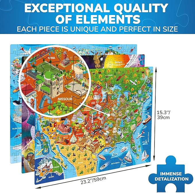 QUOKKA Puzzles for Adults 500 Pieces - 3 Set Floor Puzzles for Kids Ages 8-10 - Learning Map of The United States World Space - Educational Games for Kids 6-8 - Toys for 12 Year Old Boys and Girls