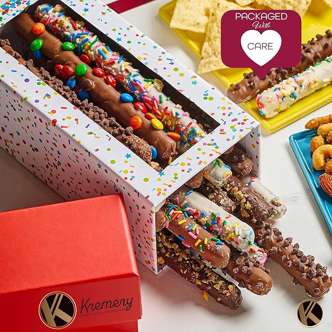 KREMERY Creamy Chocolate Cravings - Chocolate Covered Pretzel Rods Gift Basket, in Confetti Tower (10 Pretzels, Assorted Sweet Toppings) Food Arrangement, Kosher Dairy, USA Made