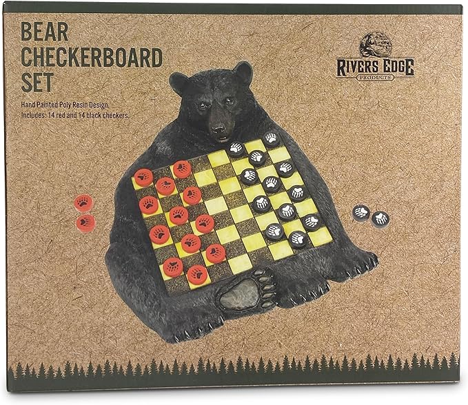 Rivers Edge Products Checkerboard Set for Cabin or Lodge, Rustic Checker Board Games for Adults, Tabletop 2 Players Game, Cabin or Lodge, Living Room Decor or Home Office Decor, Bear