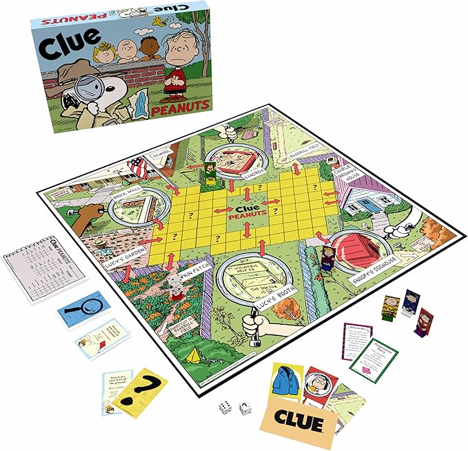 CLUE: Peanuts Board Game, Solve The Mystery of Linus's Missing Blanket with Charlie Brown, Snoopy, & Friends, Explore Iconic Locations Like Lucy’s Booth & Charlie’s House, Officially Licensed Game