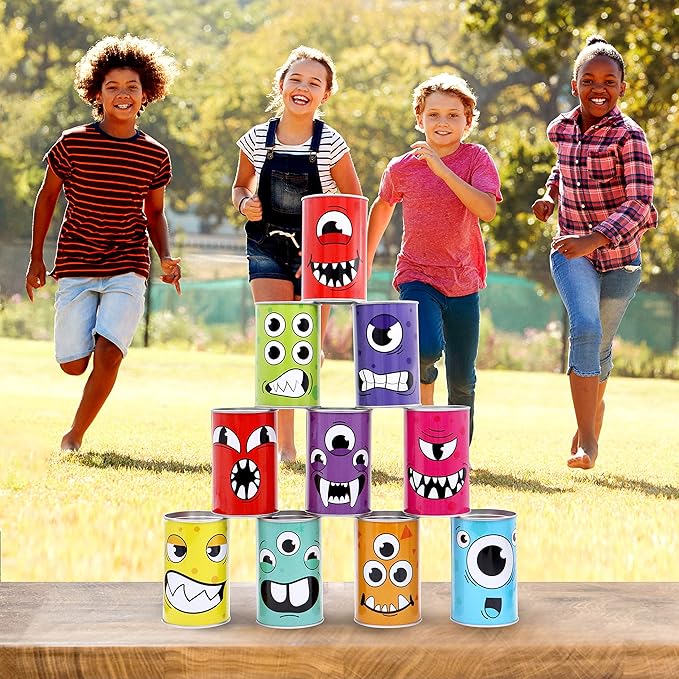 JOYIN 13 Pcs Carnival Bean Bag Toss, Knockdown Can Game Set, Holiday & Birthday Party Games, Outdoor Lawn Yard Activity for Kids Party Favors, Easter Egg Hunt for Classroom Gifts (Monster Style)