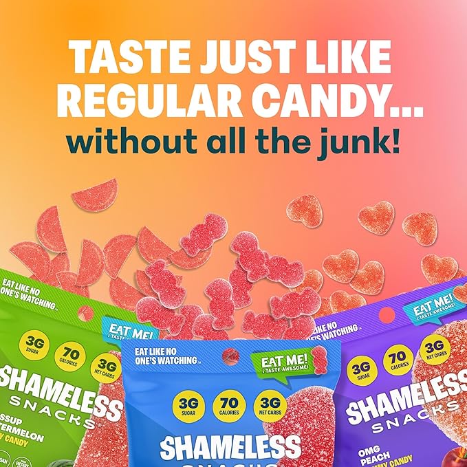 Shameless Snacks Fan Favorites Bundle Healthy Low Carb Keto Gummies Red Raspberry, Watermelon and Sour Peach