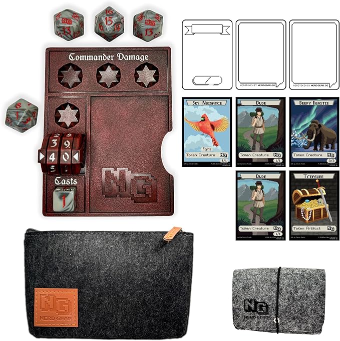 NERD GEAR Commander Essentials Kit - Ultimate Accessory for MTG Commander EDH - MTG Command Zone Tray - Health Counter - Spin Down Dice - Dry Erase Tokens (Chaos Red)