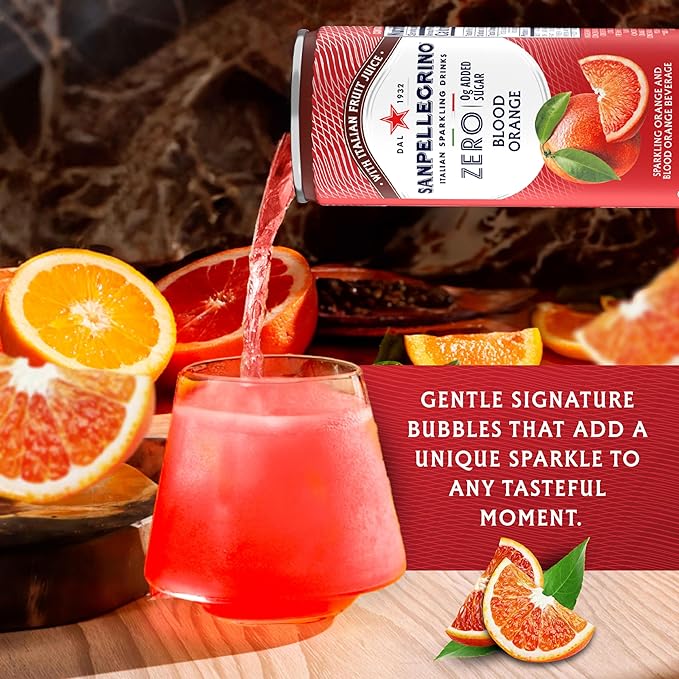 Sanpellegrino Zero Grams Added Sugar Sparkling Orange And Blood Orange Beverage, Italian Sparkling Drink, 24 Pack Of 11.15 Fl Oz Cans, San Pellegrino Italian Sparkling Drinks, Low Calorie Sparkling Fruit Beverages