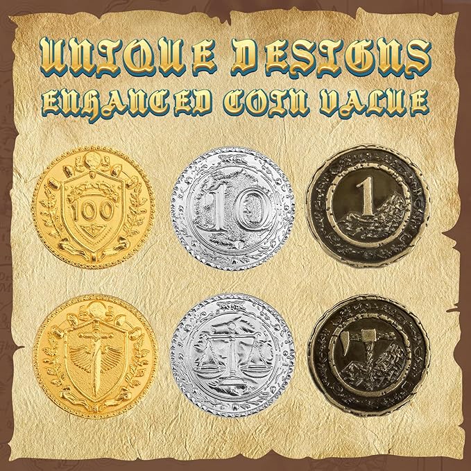 Byhoo 150 PCS Metal DND Coins, 1.2" Gold Silver Copper Tokens with Face Value for Board Game and Tabletop RPG, Fantasy Metal Coins for Pirate Game Party Cosplay