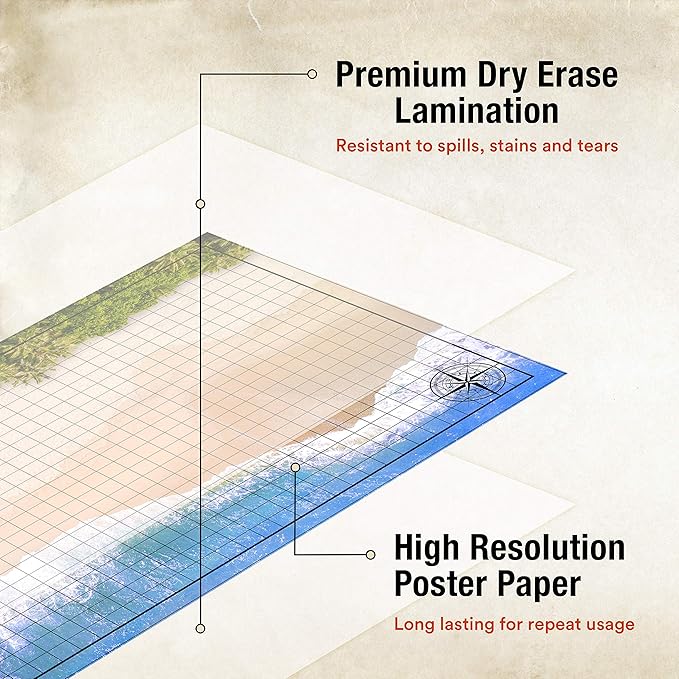TIDYBOSS Dungeons and Dragons Starter Set | 3 X Double Sides 24x 36 Game Grid Mat | 6 Terrains Includes Dry Erase Markers, Eraser, Dice and Clips