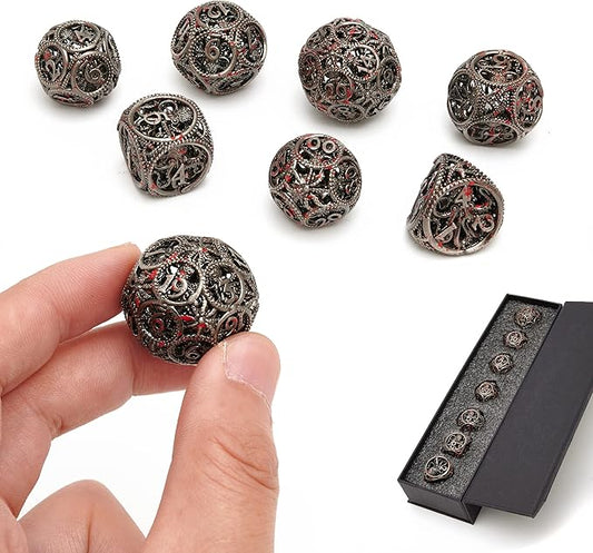 DND Dice,Hollow D&D Metal Dice,Unique Round Ball Design Octopus Dice with Gift Box for Dungeons & Dragon Gaming,7 PCs Steampunk Polyhedral D and D Dic (Ball Octopus Blood Spatter)
