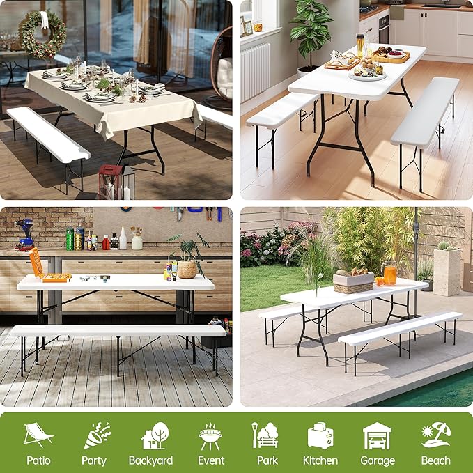 Real Relax 6' Picnic Table with 2 Benches, 3 Piece White Portable HDPE Folding Camping Table and Benches for Courtyard, Garden, Outdoor Leisure, Party