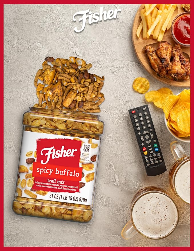 Fisher Spicy Buffalo Bulk Trail Mix, 31 oz Jar; Buffalo Seasoned Sesame Sticks, Peanuts & Pretzels with Smoked Seasoned Almonds & Ranch Flavored Cashews; Hot Spicy Snack Mix, Snacks for Adults