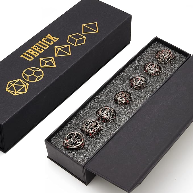 DND Dice,Hollow D&D Metal Dice,Unique Round Ball Design Octopus Dice with Gift Box for Dungeons & Dragon Gaming,7 PCs Steampunk Polyhedral D and D Dic (Ball Octopus Blood Spatter)