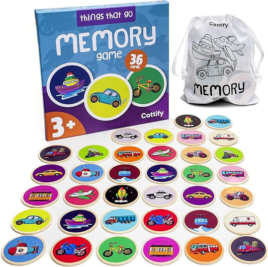 Montessori-Inspired Wooden Matching Game for Toddlers 2-4 Years - Things that Go - Durable, Scratch-Resistant 36 Card Set, Includes Carry Bag - Memory Game for Toddlers 2-4 Years - Means of Transport