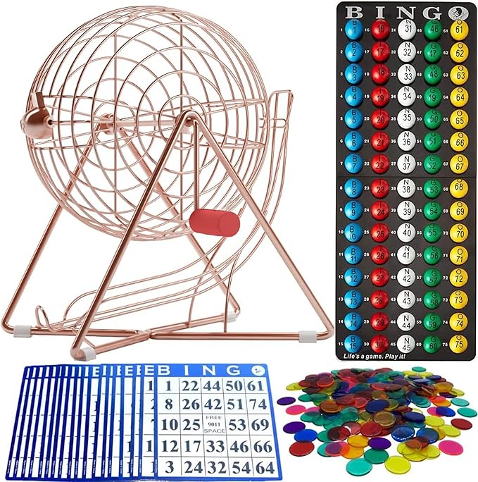 MR CHIPS 11" (Inch) Tall Professional Bingo Set with Steel Cage, Everlasting 7/8” Balls, 18 Cards and 300 Chips - Rose Gold Color